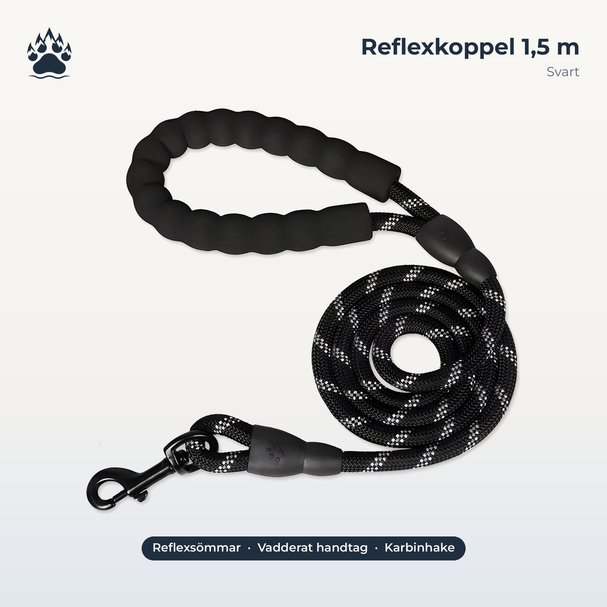 Fjordpaw Reflexkoppel 1,5 m i svart med vadderat handtag och karbinhake