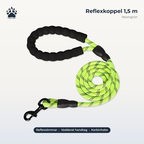 Fjordpaw Reflexkoppel 1,5 m i neongrönt med vadderat handtag och karbinhake
