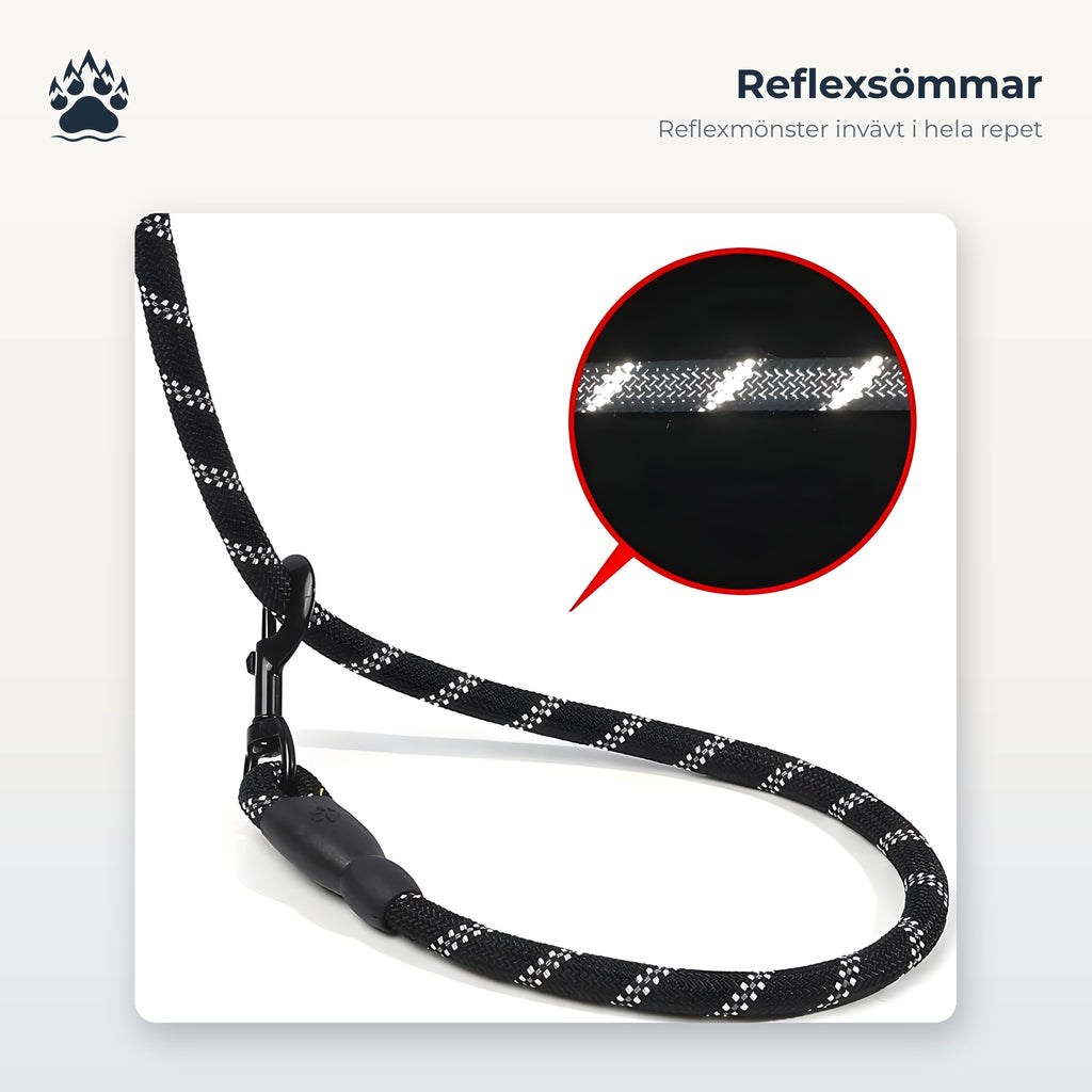 Närbild på reflexsömmarna i det svarta kopplet