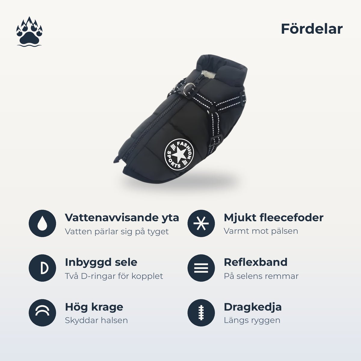 Svart hundtäcke med inbyggd sele på ljus bakgrund med en lista över egenskaper: vattenavvisande yta, mjukt fleecefoder, inbyggd sele med två D-ringar, reflexband, hög krage och dragkedja längs ryggen.